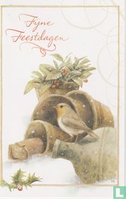 Fijne Feestdagen - Roodborstje op bloempotten