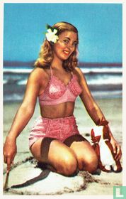 pin-up vrouw in roze bikini strand - Bloem in haar - Knuffelbeest