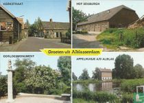 Groeten uit Alblasserdam vierluik: kerkstraat, hof souburgh, oorlogsmonument, appelhuisje a/d alblas