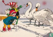 Kinderen voeren zwanen in winter - sneeuw