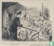 ....en boog zich over de reeling om te kijken naar de rommelige drukte in de haven