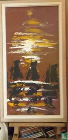 zonsondergang, twee molens, zeilboot