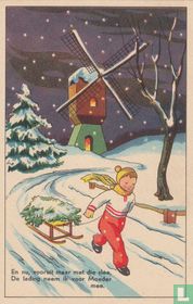 Kinderkaart kertsboom op de slee