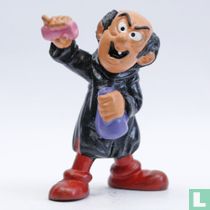 Gargamel with pink test tube and purple bottle