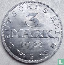 Deutsches Reich 3 Mark 1922 (F) "3rd anniversary Weimar Constitution"