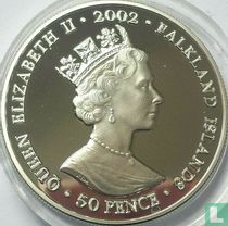 Falklandinseln 50 Pence 2002 (PP - Silber - gefärbt) "50th anniversary Accession of Queen Elizabeth II - Tree house"
