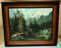Leinenkunstdruck Alpines Landschaftsmotiv mit schönem Holzrahmen 61,5 x 51cm