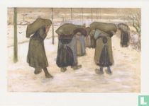 Kolenzakkende dragende vrouwen in de sneeuw, 1882