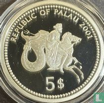Palau 5 Dollar 2001 (PP) "Marine Life Protection - Blueface angelfish & butterflyfish"