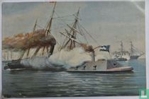 Aanval van gepantserde kanonneerbooten op het blokkade eskader voor Charleston. 1861