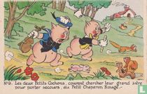 Roodkapje: "les deux petits cochons courent chercher leur grand frère pour porter secours au Petit Chaperon Ruge 