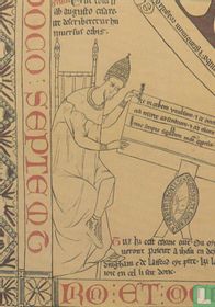 A detail from the Mappa Mundi (13th century map of the world). In The Bottom Left-Hand Corner Of The Map Is A Drawing Which Shows. Caesar Augustus Wearing A Papal Tiara And Issuing His Mandate For The Map