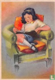 Meisje leest in groene stoel