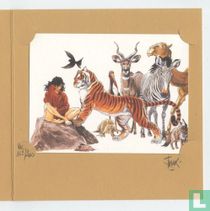 Frank Pé, Ex-libris signé, Zoo, Manon assise sur un rocher et les animaux