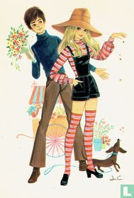 Meisje met hoed korte broek - hondje teckel - Jongen met bloemen