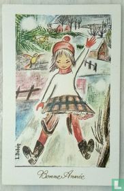 Bonne année,fillette en luge.