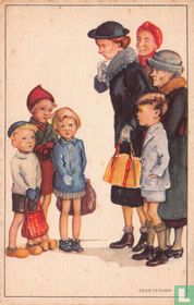 Oudere vrouwen en kinderen met handtassen