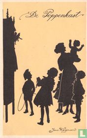 Silhouet van kinderen en moeder bij poppenkast