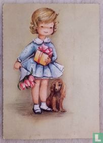 Fillette ,chien et bouquet de tulipes.