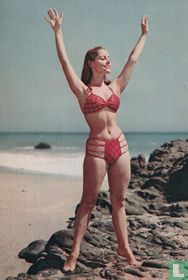 Vrouw in rode bikini - rotsen - strand