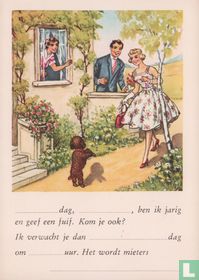 Uitnodiging verjaardag -  Op verjaardagsvisite - Hondje staat op achterpootjes