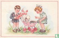 Kinderkaart kinderen - poppenwagen - pop - bloemen