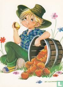 Kinderkaart jongen - hoed - appels - houten ton -bloemen