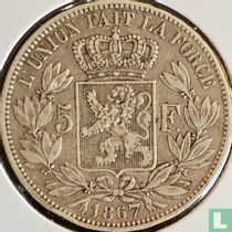 België 5 francs 1867 (klein hoofd - met punt na F - type 2)