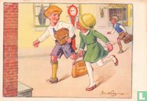 Drie kinderen rennen naar school