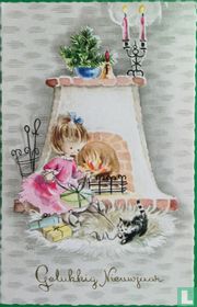 Meisje met kat bij de haard